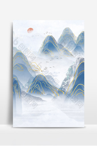 深蓝色中国风山水国潮背景图片