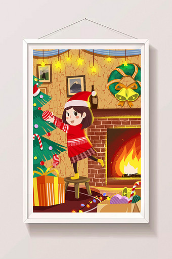 暖色扁平风平安夜圣诞节装扮圣诞树插画图片