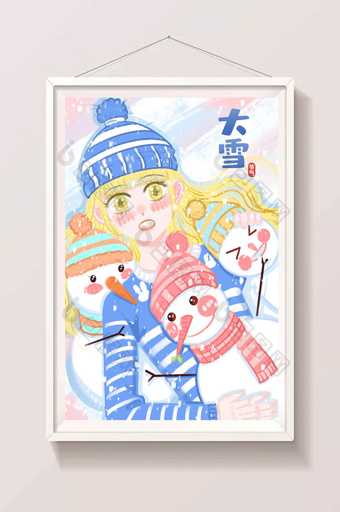 白色女孩和雪人拥抱看大雪插画