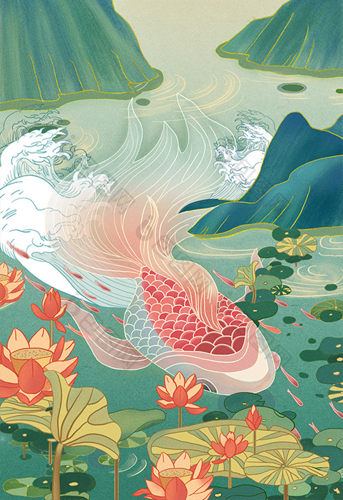 中国风海浪大鱼荷塘插画图片