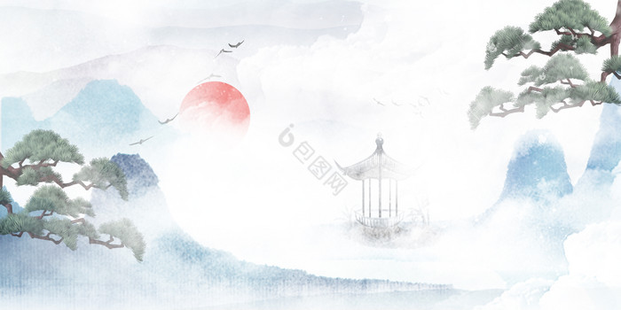 古风仙侠云雾缭绕松树