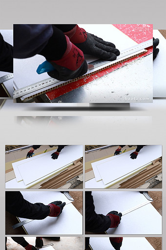 实拍木工测量木板裁剪墙板图片