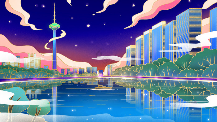 城市沈阳彩电塔插画