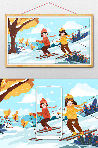 手绘卡通冬天冬季女孩朋友雪山滑雪插画图片
