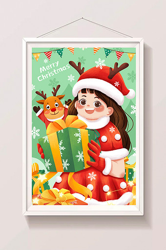 圣诞节圣诞女孩与麋鹿圣诞礼物插画图片下载