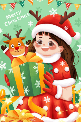 圣诞节圣诞女孩与麋鹿圣诞礼物插画