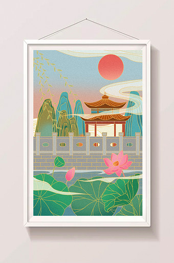 中国风古风山水风光凉亭建筑插画图片