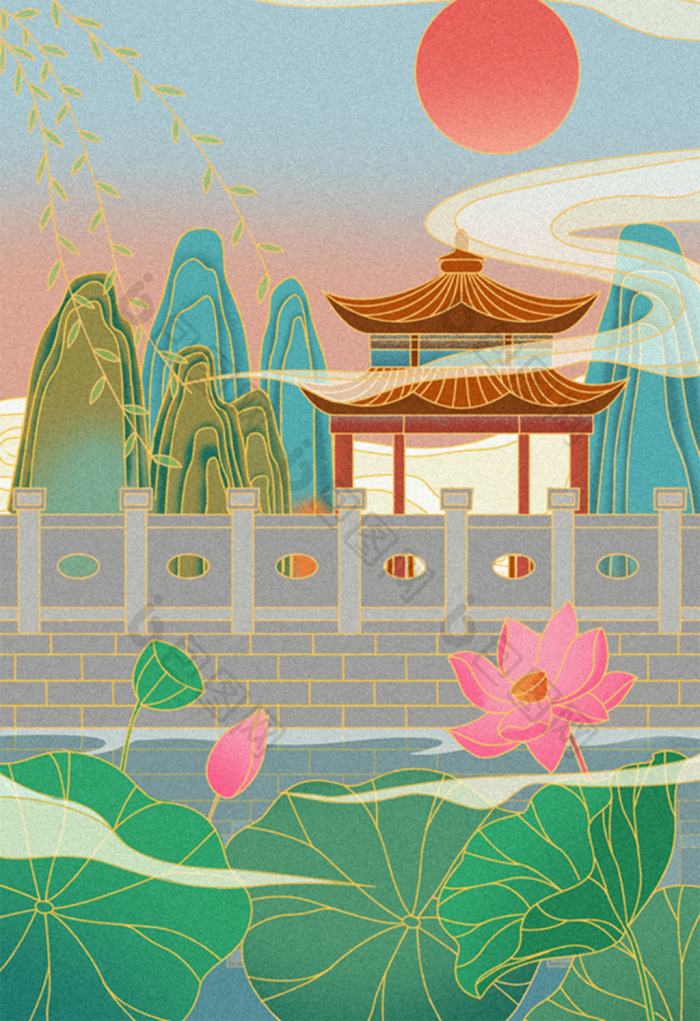 古风山水风光凉亭建筑插画