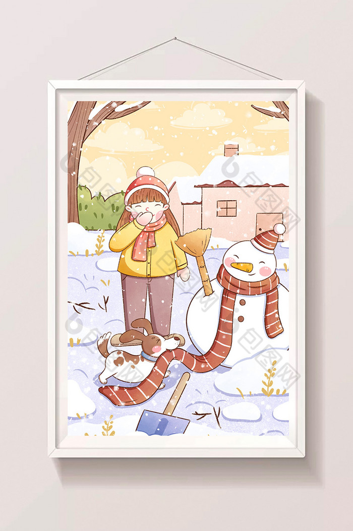 大雪节气女孩与小狗一起堆雪人插画图片图片