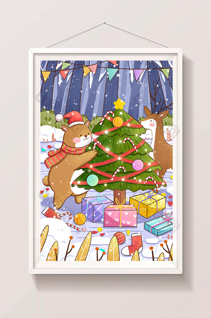 圣诞节小熊与鹿装饰圣诞树插画