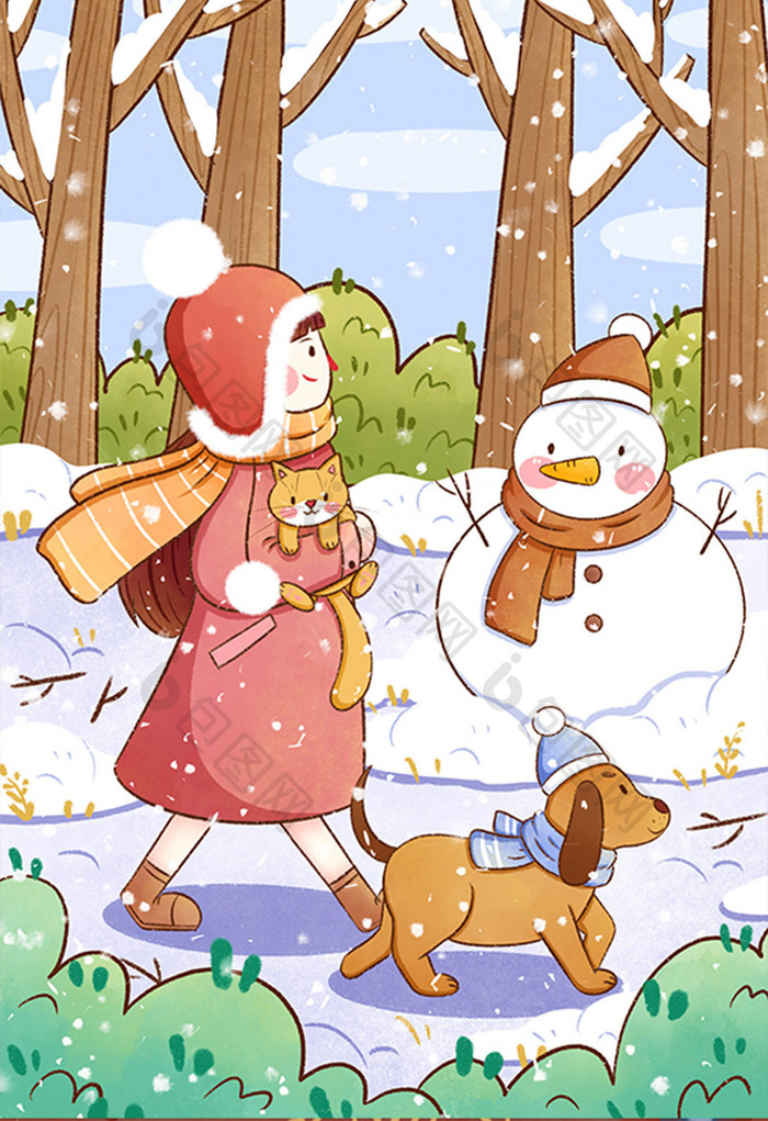 冬天女孩树林遛狗雪人插画