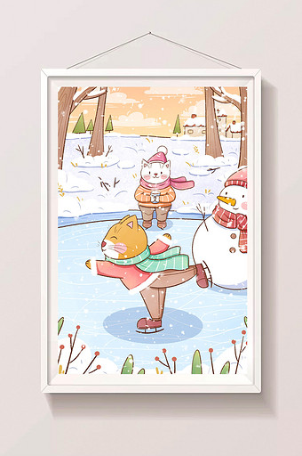 冬天小猫河边滑雪堆雪人插画图片