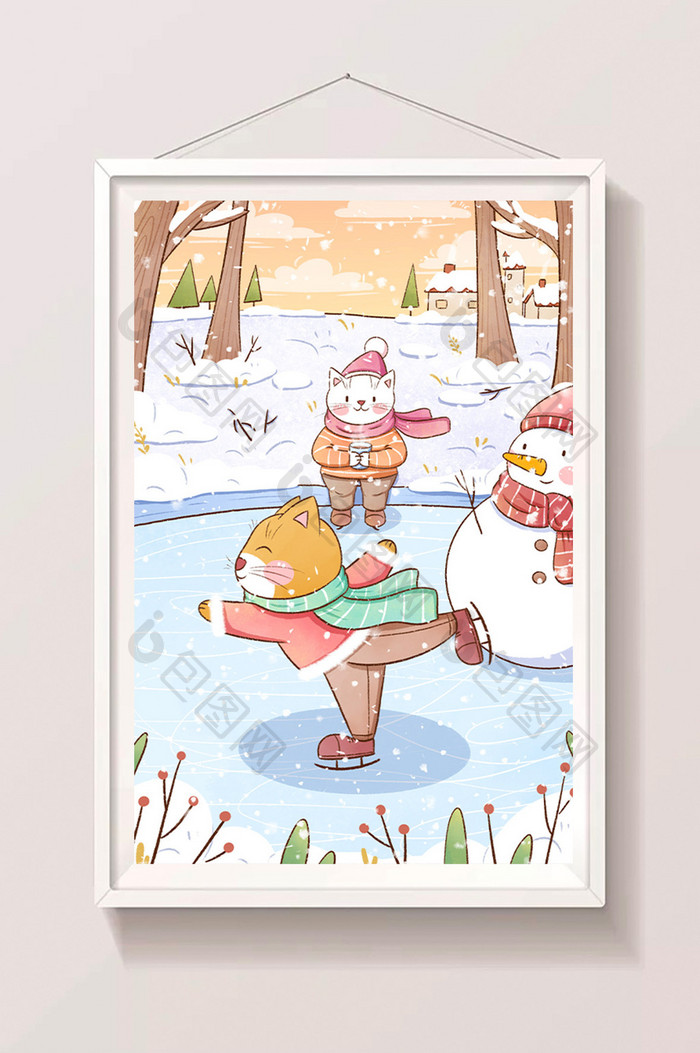 冬天小猫河边滑雪堆雪人插画
