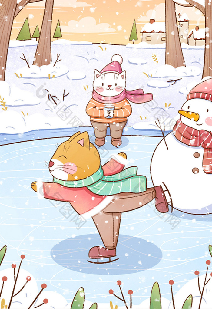 冬天小猫河边滑雪堆雪人插画