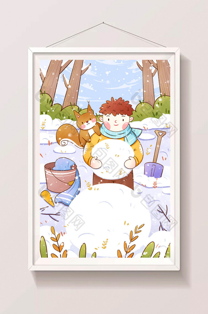 冬天男孩树林堆雪人小松鼠插画