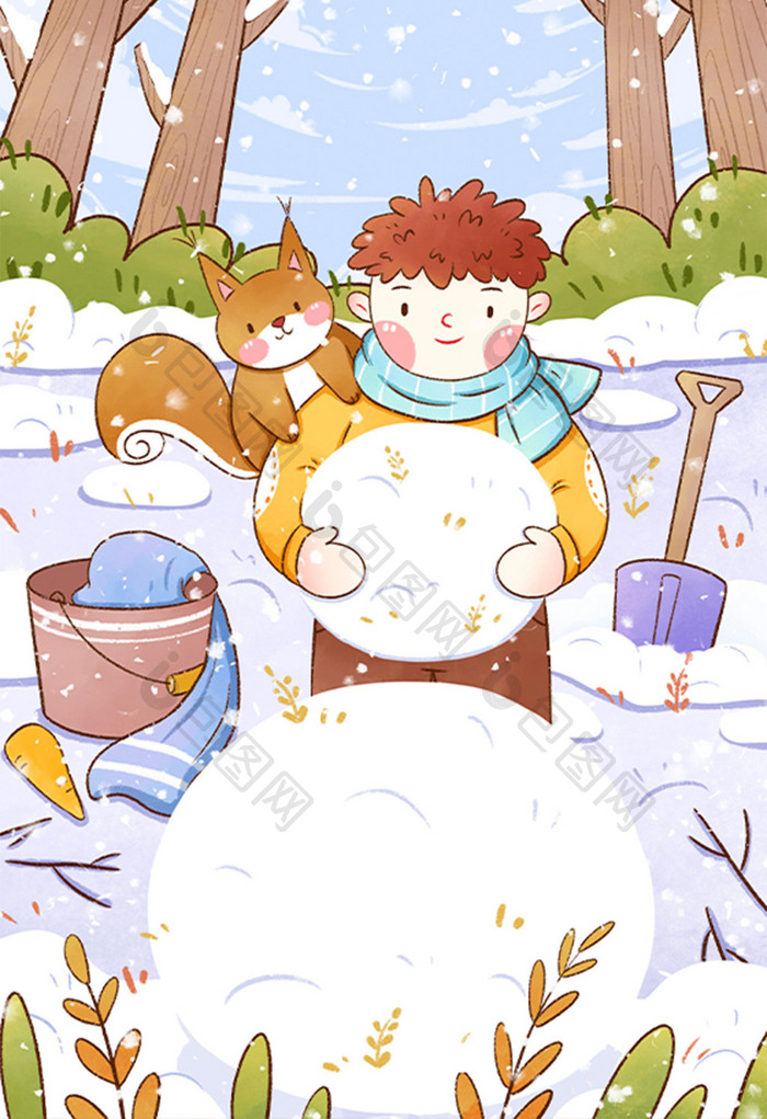 冬天男孩树林堆雪人小松鼠插画