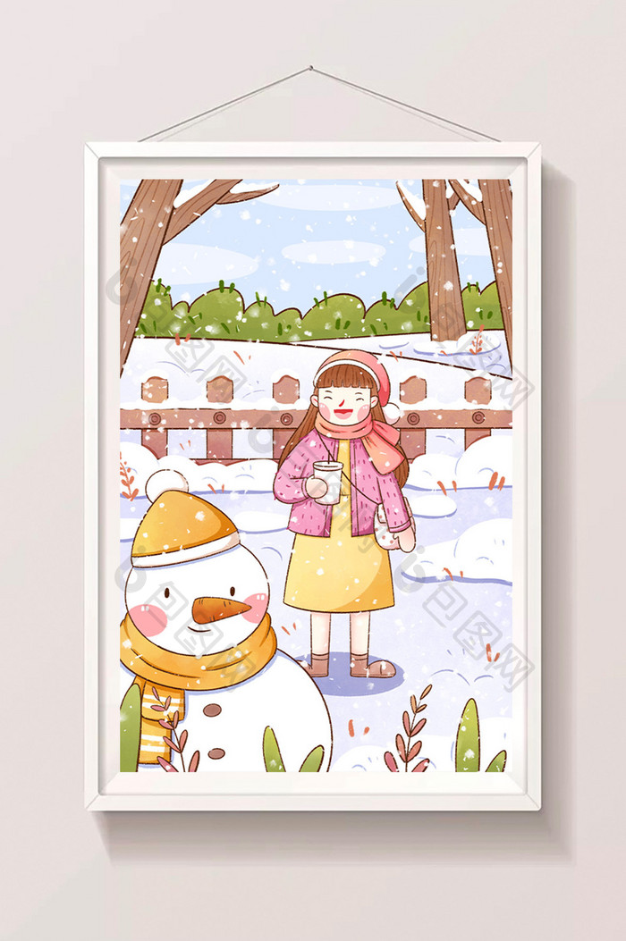 雪天冬季公园女孩雪人插画