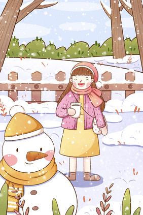 雪天冬季公园女孩雪人插画