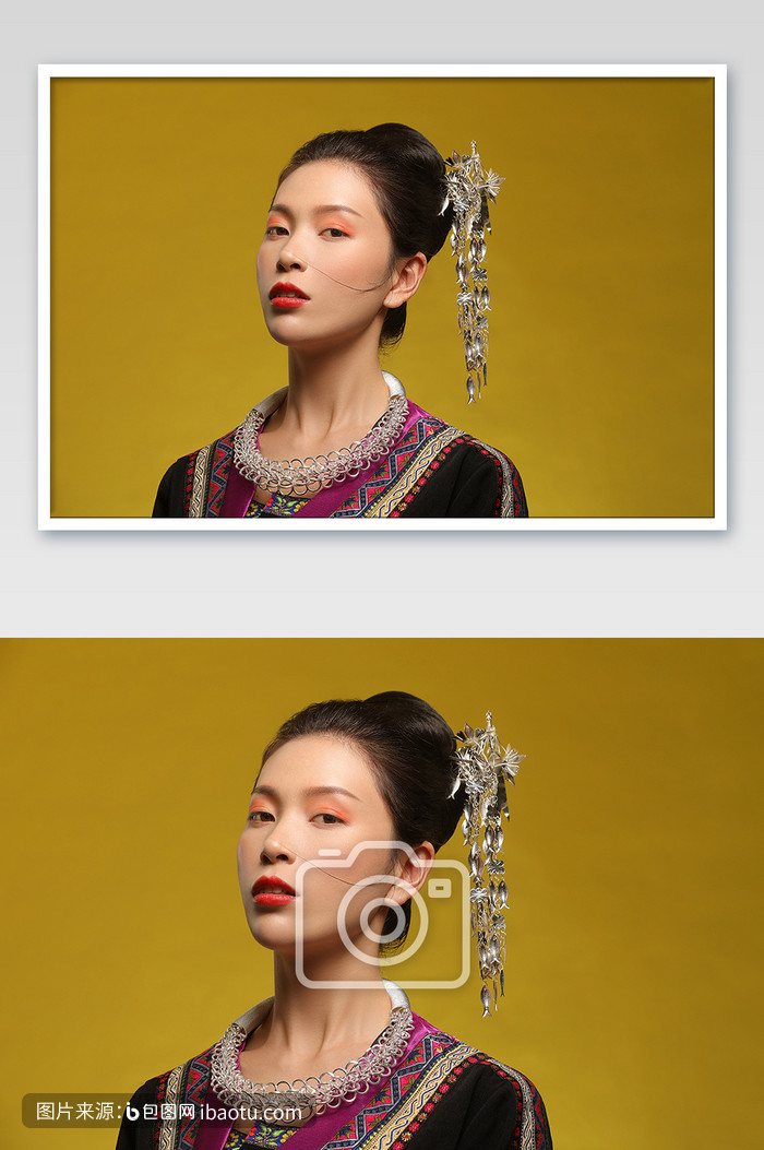 少数民族苗族女性冷淡表情,包图网,图片,素材,模板,免费