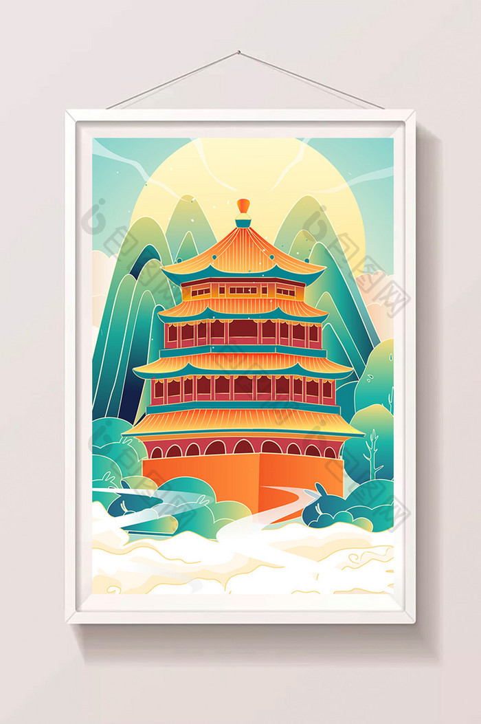 国风中国传统建筑插画矢量图