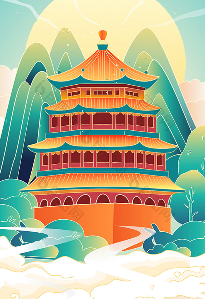 国风中国传统建筑插画矢量图