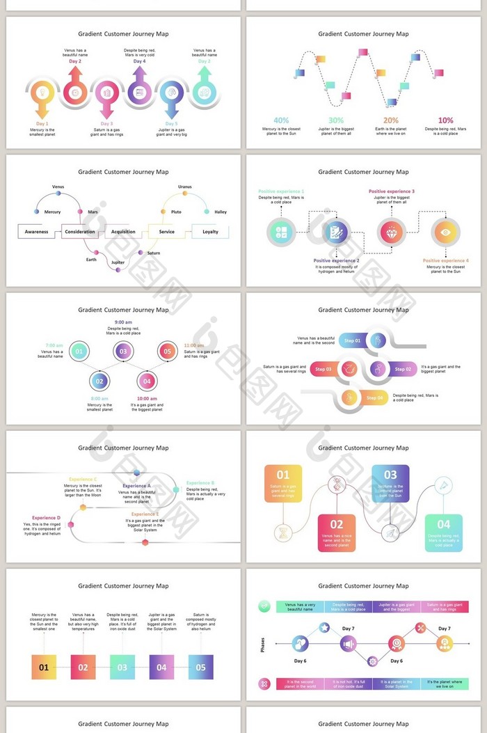 彩色渐变流程40页PPT图表合集模板