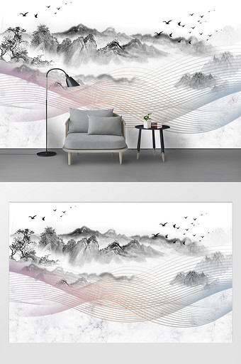 现代轻奢动感线条石纹山水背景墙图片