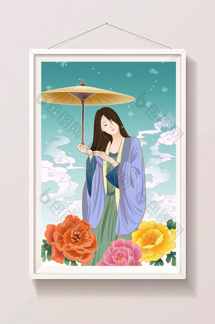 唯美中国风美女撑伞赏花插画