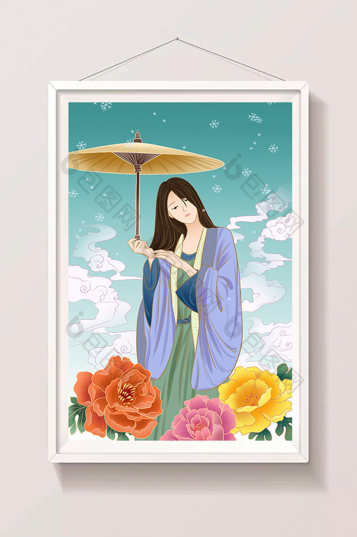 美女撑伞赏花插画图片图片