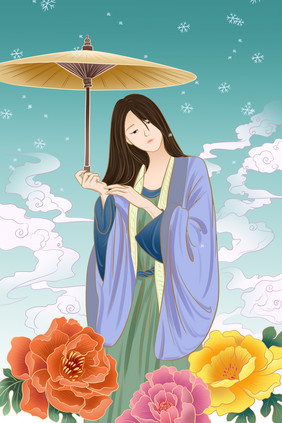 唯美中国风美女撑伞赏花插画