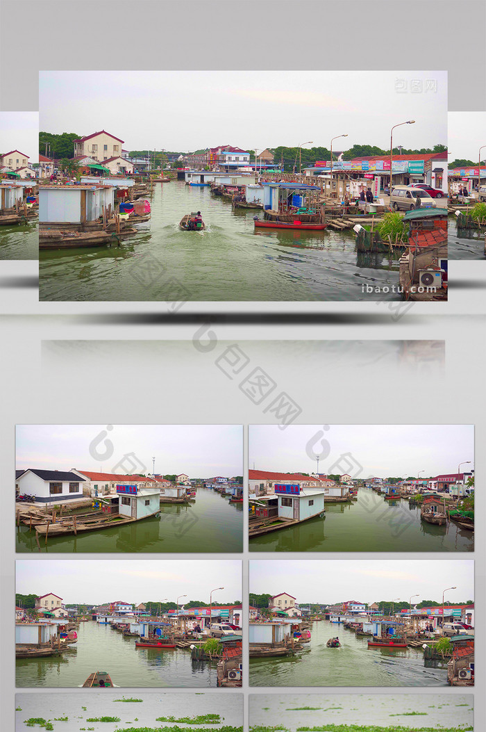 4K实拍水乡农村河流渔船鹭停留在水上视频