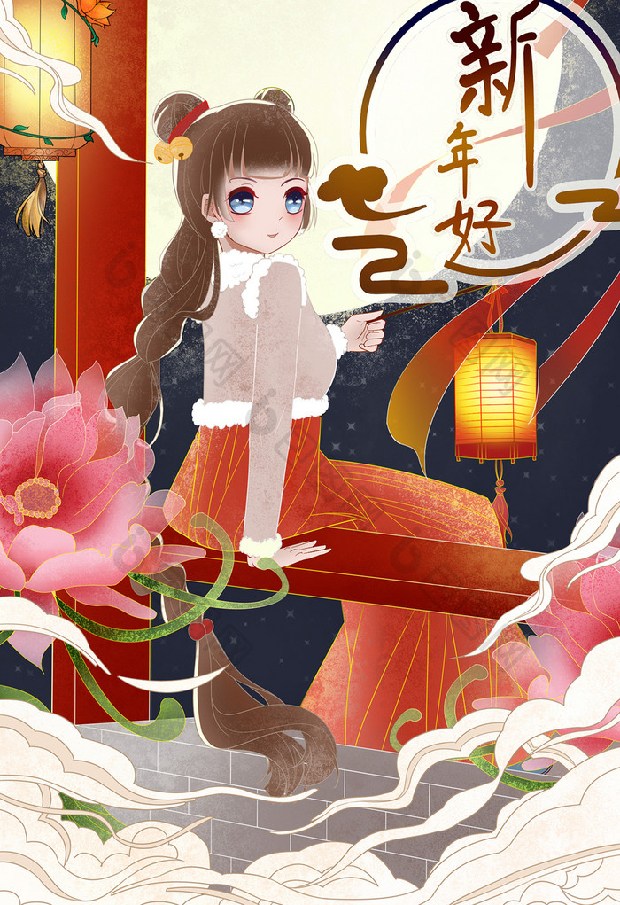 红色扁平少女点灯新年插画