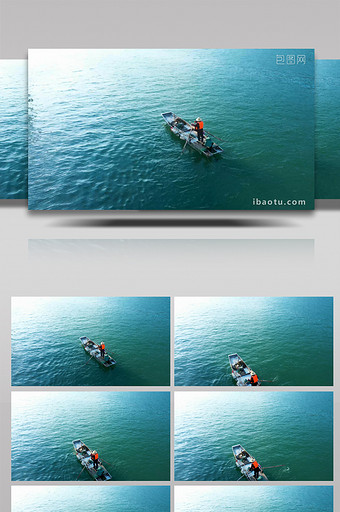 4K航拍长江渔民向前划船实拍视频图片
