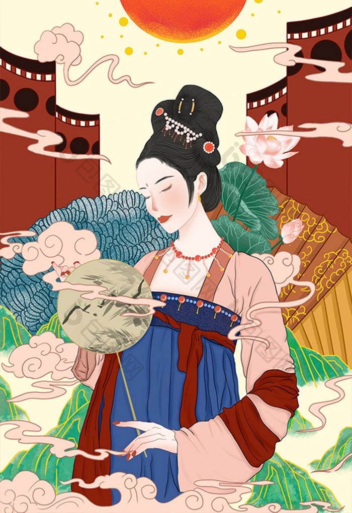 红色古风美女扁平风插画