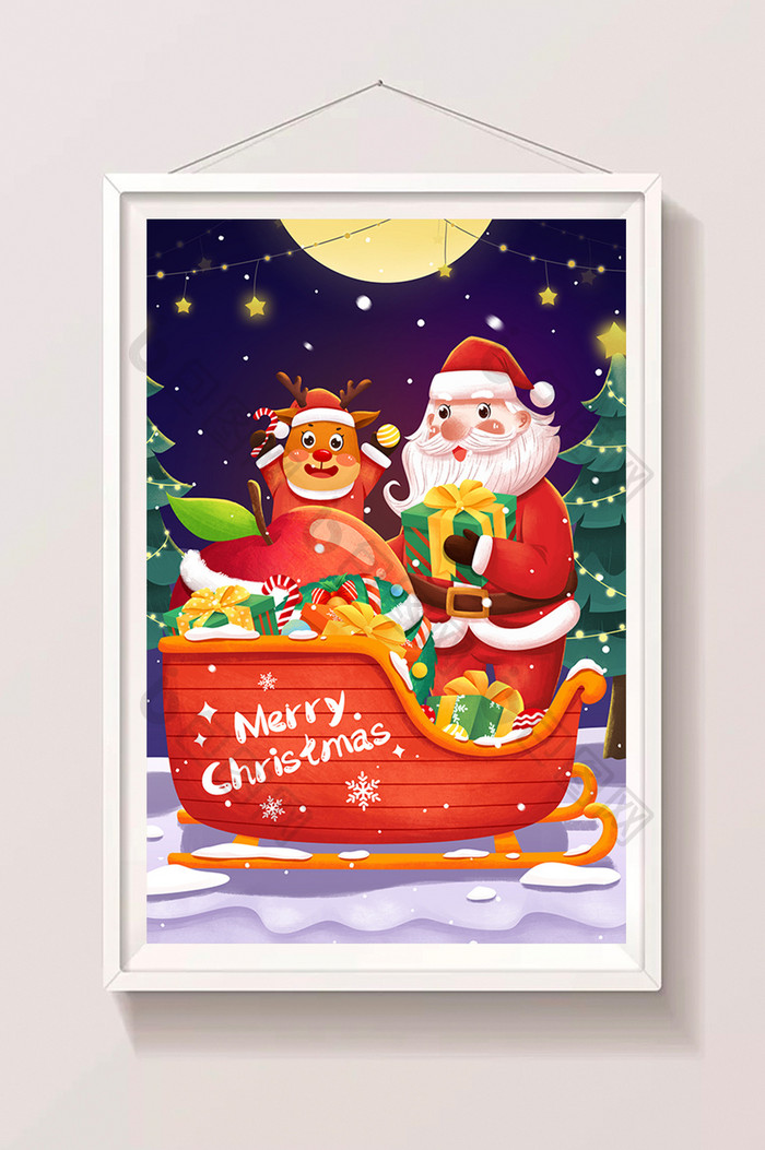 圣诞节平安夜圣诞老人麋鹿雪橇车送礼插画