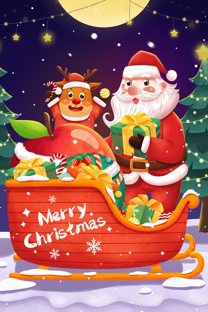 圣诞节平安夜圣诞老人麋鹿雪橇车送礼插画图片