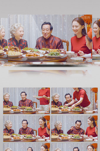 4k春节妈妈端菜上桌一家人吃年夜饭实拍图片
