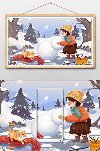 冬季雪地堆雪人女孩与猫小雪大雪插画图片