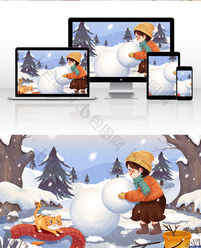 冬季雪地堆雪人女孩与猫小雪大雪插画