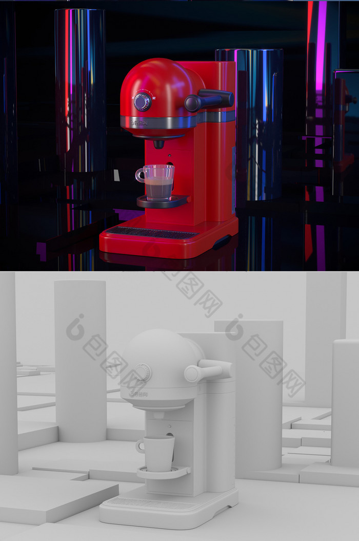 红色酷炫咖啡机场景CR渲染器C4D模型图片图片