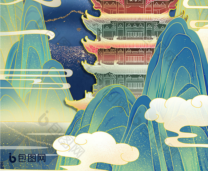 蓝色鎏金中国风山水武汉黄鹤楼城市地标海报