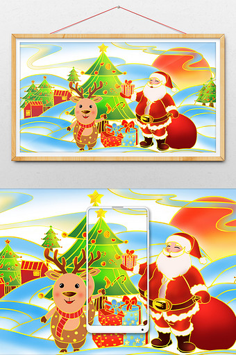 中国风鎏金圣诞节插画图片