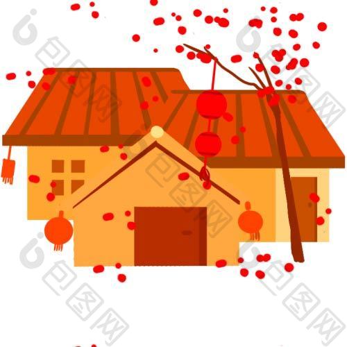 新春迎新红房子树叶元素动图GIF