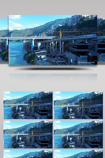 4K航拍长江边桥梁建筑工程施工塔吊实拍图片