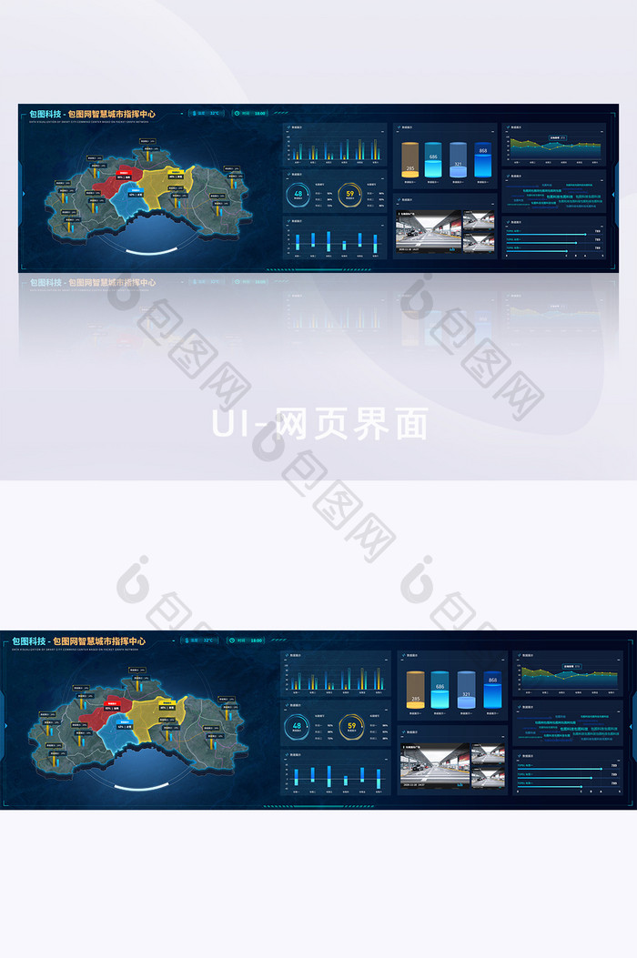 科技感深色智慧城市数据可视化超级大屏UI