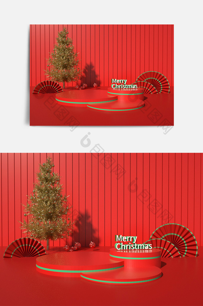 红色中国风圣诞海报首页c4d创意场景