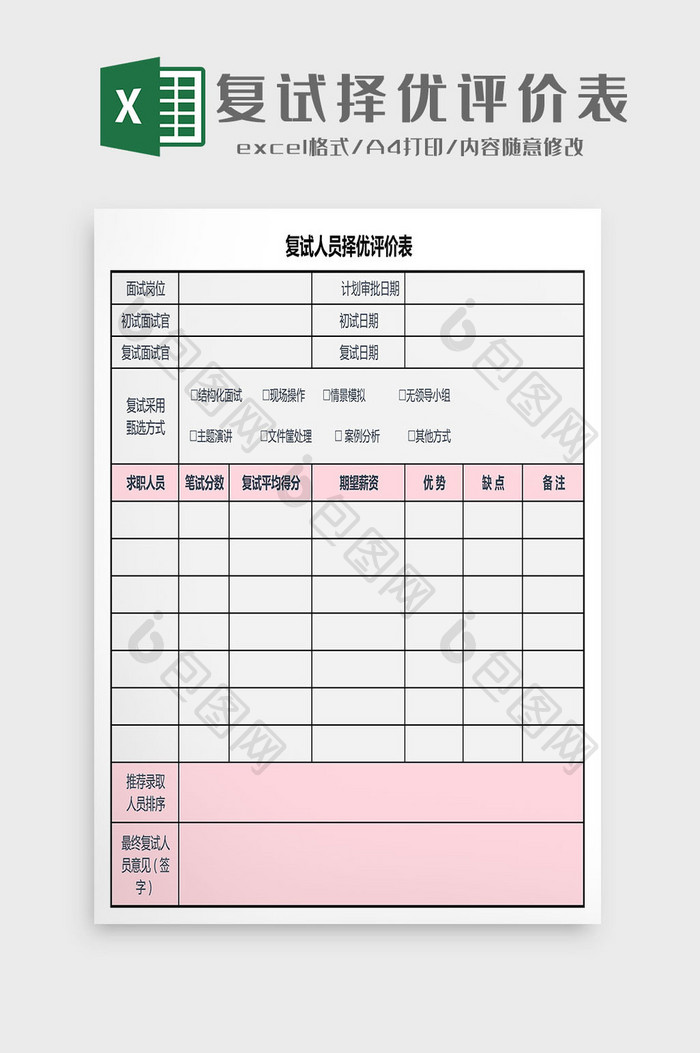 复试人员择优评价表Excel模板