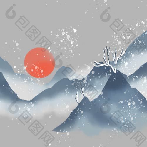 中国风冬天下雪雪山元素动图GIF