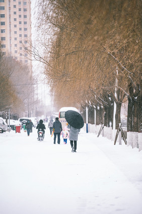 冬天大雪过后打伞行走的路人摄影图