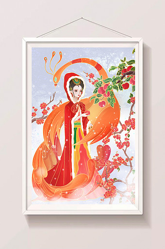 橘色创意中国化圣诞昭君摘苹果仙气插画图片